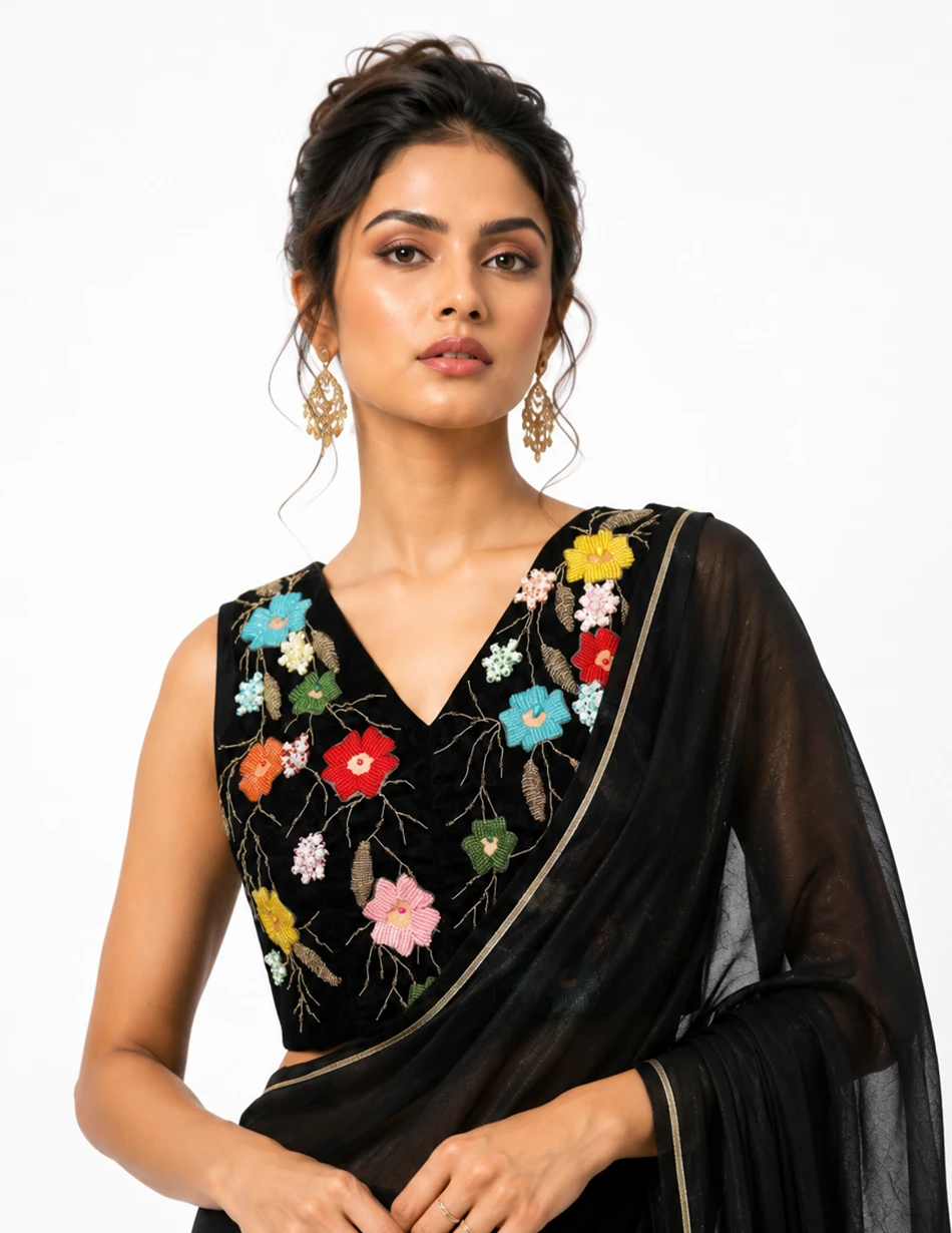 Elerra Midnight Garden Embroidered Couture Saree Blouse