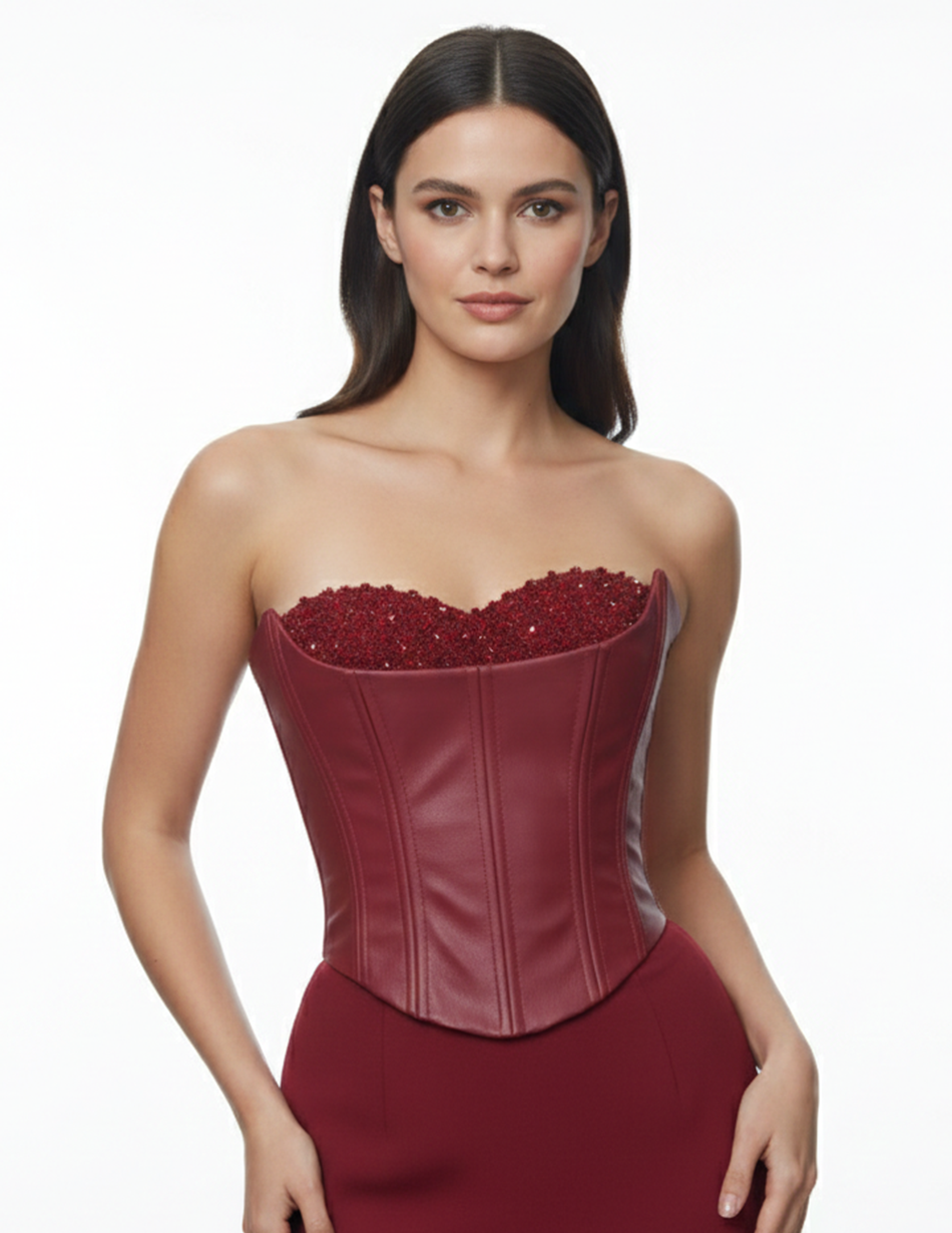 Elerra Crimson Vegan Leather Beaded Corset