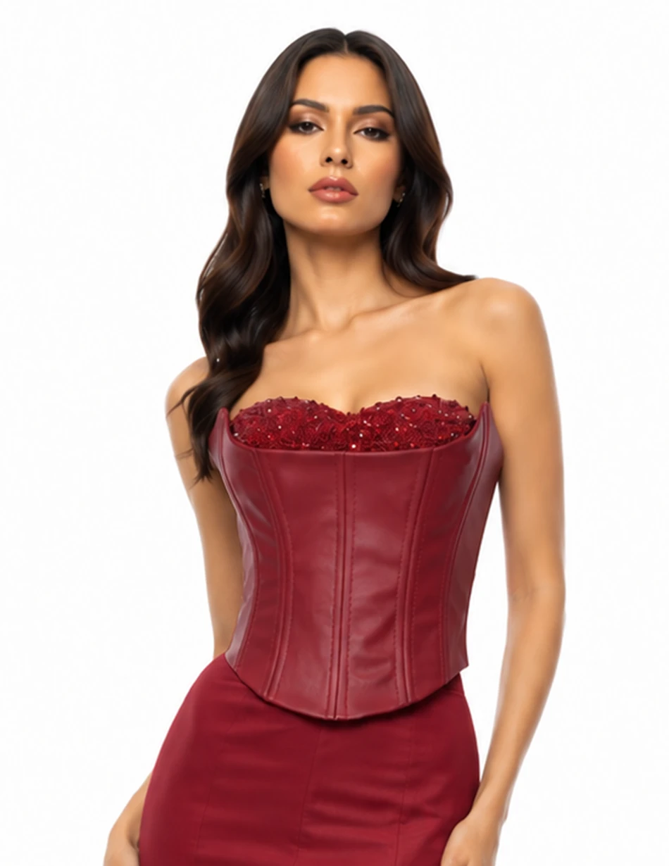 Elerra Crimson Vegan Leather Beaded Corset