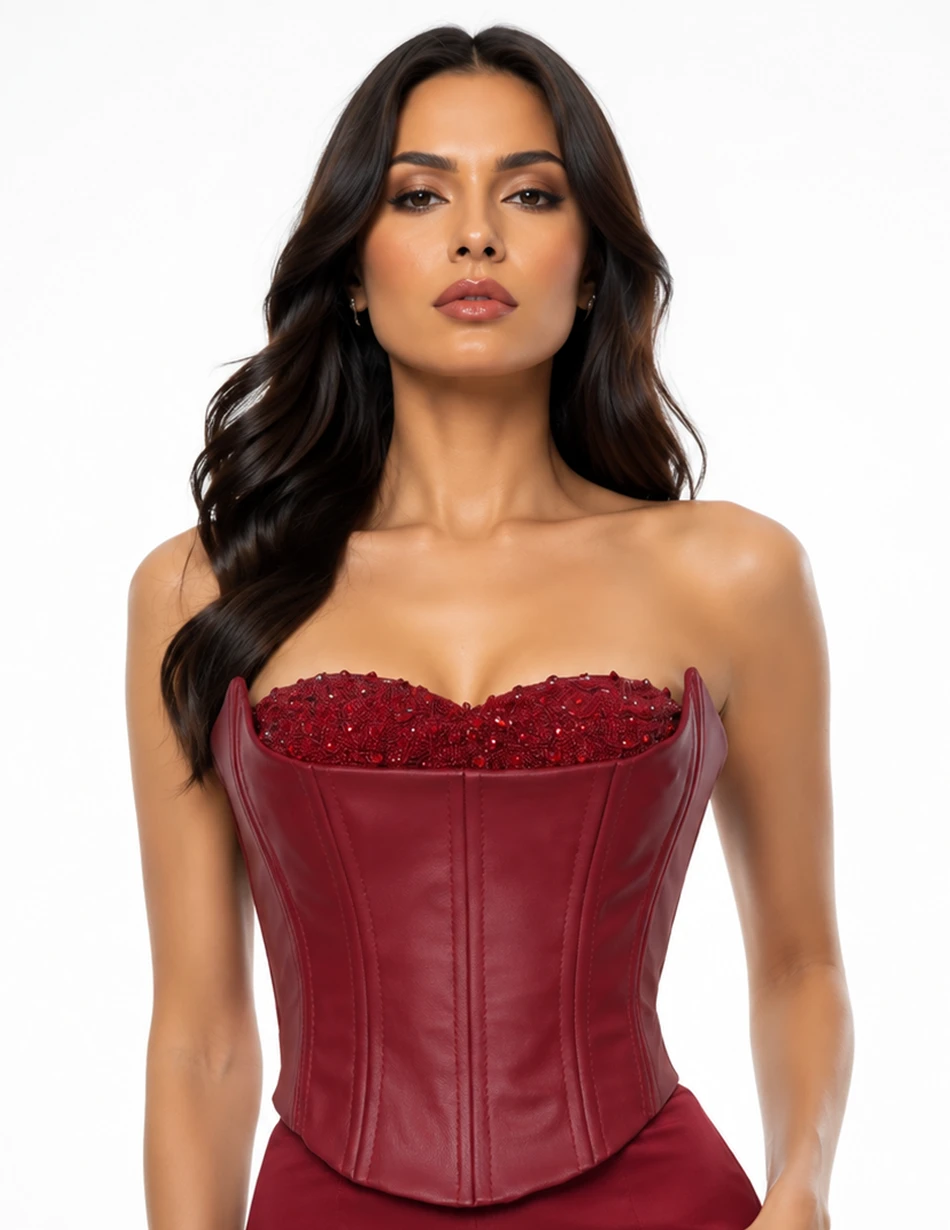 Elerra Red Carpet Crimson Éclat Sculpted Leather Corset