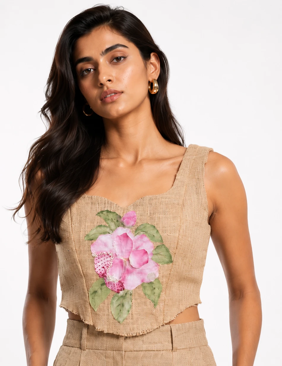 Elerra Morning Grace Hand-Painted Beaded Jute Couture Top