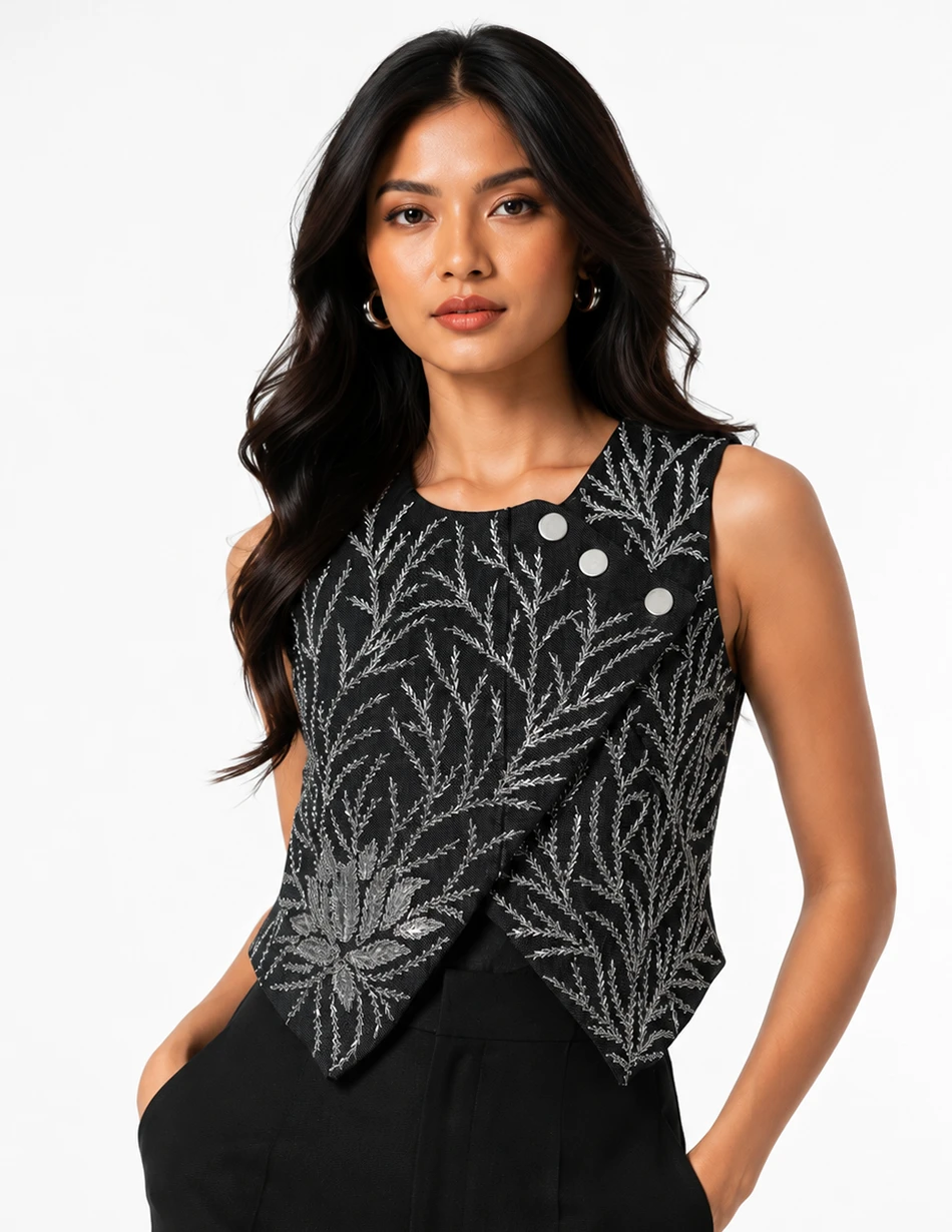 Elerra Street Vogue Black Denim Overlap Embroidered Couture Top
