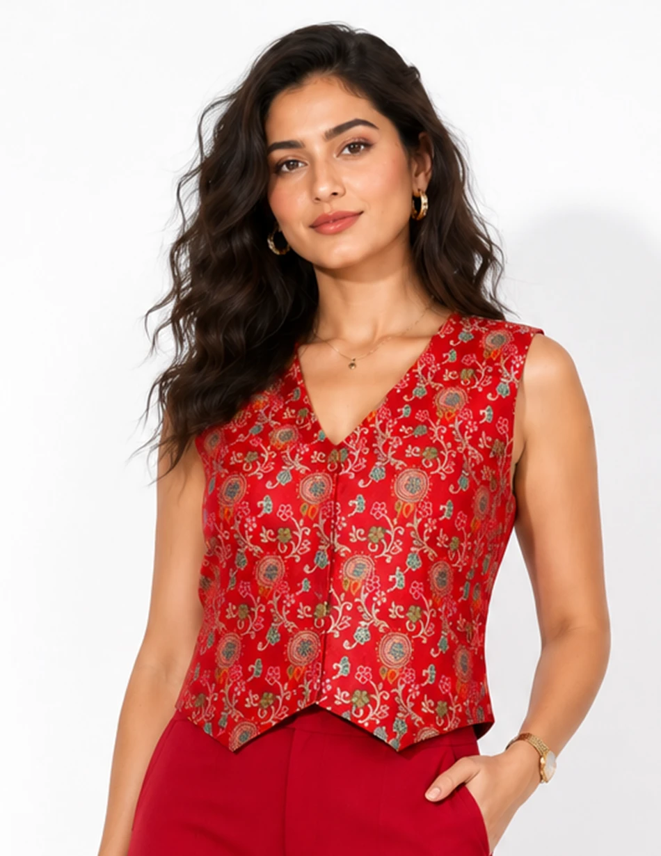Elerra Culture Chic Chanderi Jacquard V-Cut Couture Top
